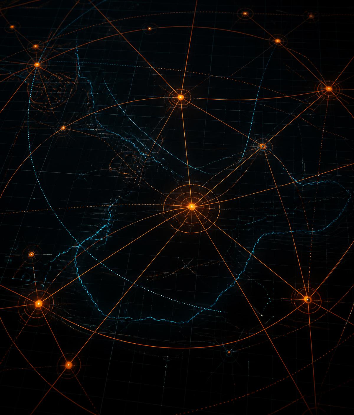 Abstract navigational grid of glowing nodes and vector traces